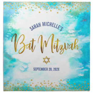 Bat Mitzvah Turquoise Gold Script Challah Cover Cloth Napkin
