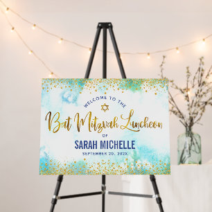 Bat Mitzvah Turquoise Gold Script Luncheon Welcome Foam Board