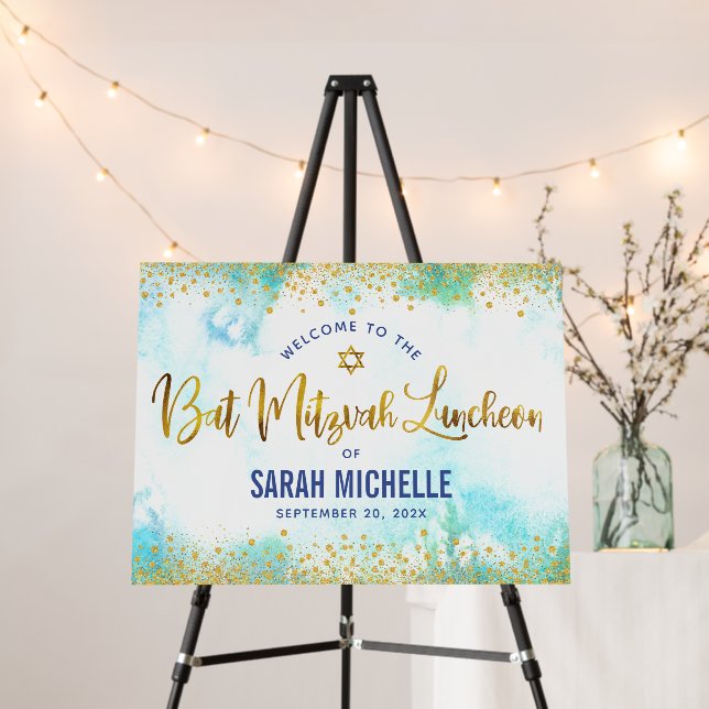 Bat Mitzvah Turquoise Gold Script Luncheon Welcome Foam Board (In Situ (Stand))