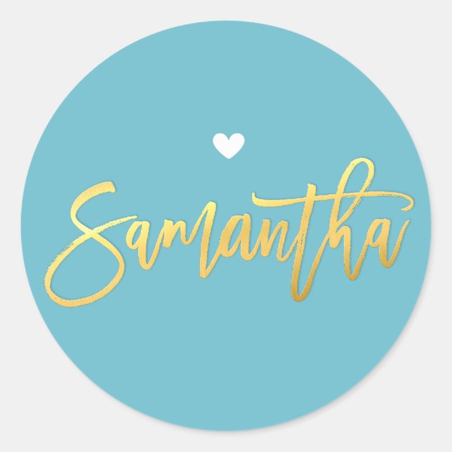 BAT MITZVAH turquoise gold script SAMANTHA Classic Round Sticker (Front)