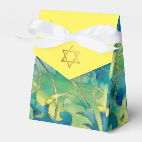 Bat Mitzvah Turquoise Green Yellow Watercolor Favor Boxes