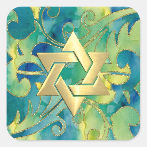 Bat Mitzvah Turquoise Green Yellow Watercolor Square Sticker