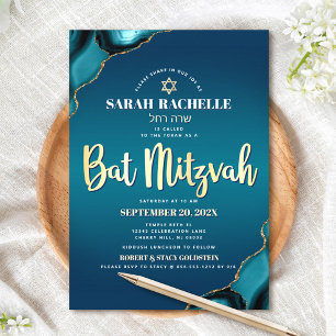 Bat Mitzvah Turquoise Ombre Agate Gold Script Bold Invitation
