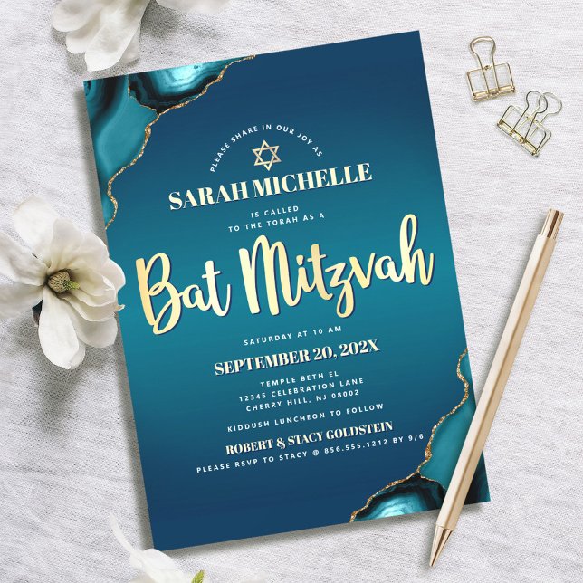 Bat Mitzvah Turquoise Ombre Agate Gold Script Chic Invitation (Creator Uploaded)
