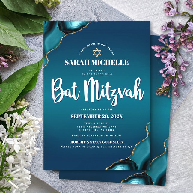Bat Mitzvah Turquoise Ombre Agate Modern Script Invitation (Creator Uploaded)