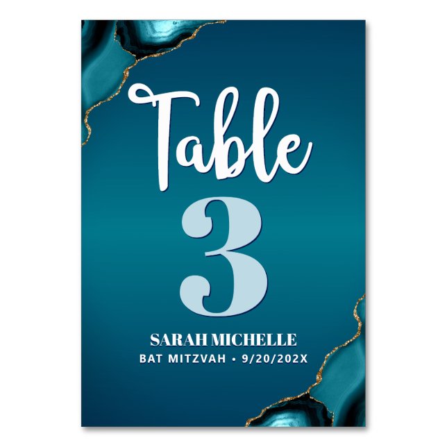 Bat Mitzvah Turquoise Ombre Agate Script Modern Table Number (Front)