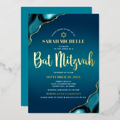 Bat Mitzvah Turquoise Ombre Agate Script Real Gold Foil Invitation