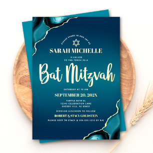 Bat Mitzvah Turquoise Ombre Agate Script Real Gold Foil Invitation