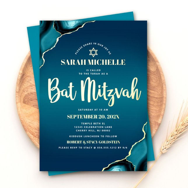 Bat Mitzvah Turquoise Ombre Agate Script Real Gold Foil Invitation (Creator Uploaded)