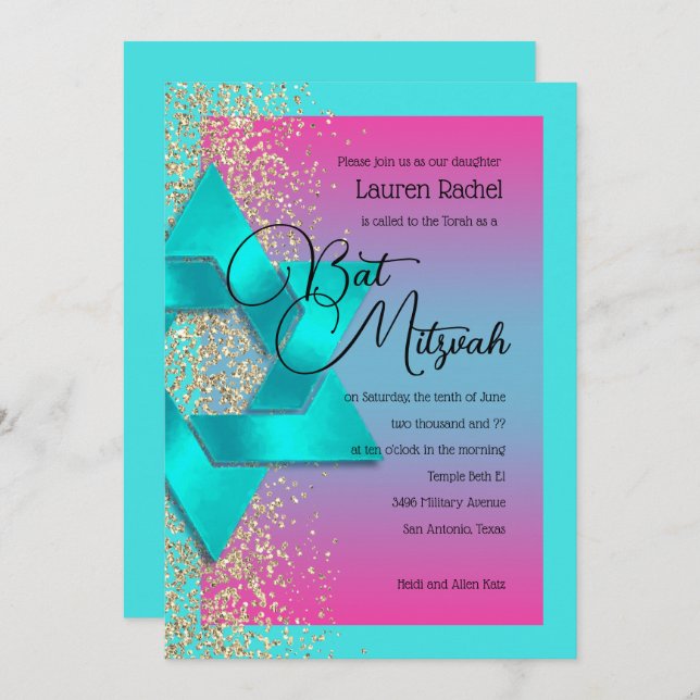 Bat Mitzvah Turquoise Pink Ombre Faux Gold Glitter Invitation (Front/Back)