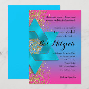 Bat Mitzvah Turquoise Pink Ombre Faux Gold Glitter Invitation