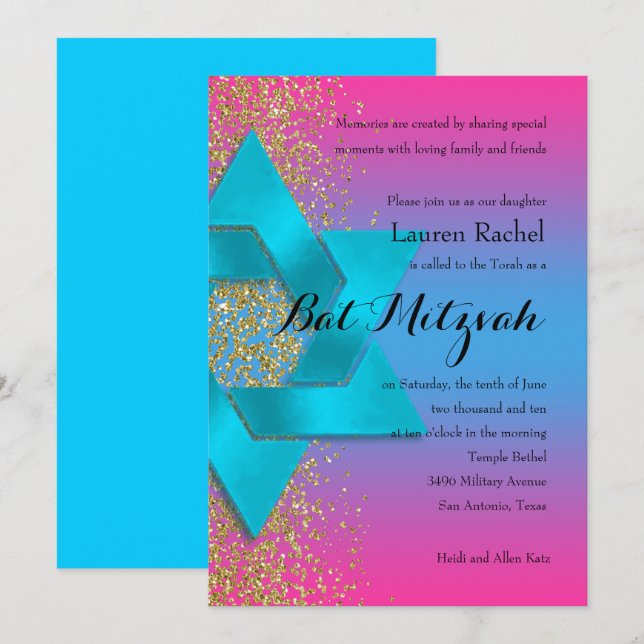 Bat Mitzvah Turquoise Pink Ombre Faux Gold Glitter Invitation (Front/Back)