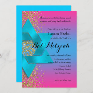 Bat Mitzvah Turquoise Pink Ombre Faux Gold Glitter Invitation