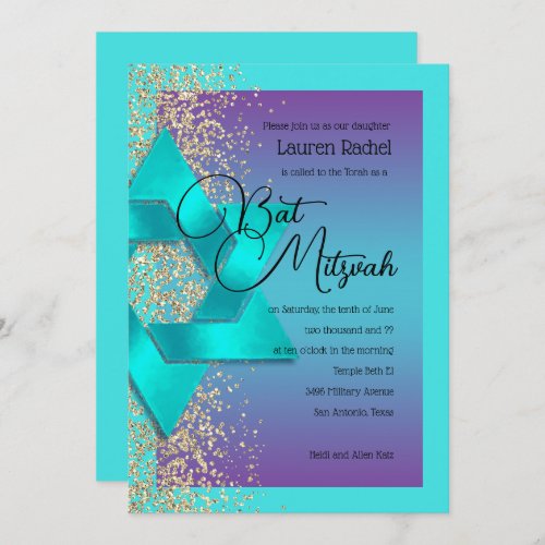 Bat Mitzvah Turquoise Purple Ombre Gold Glitter Invitation