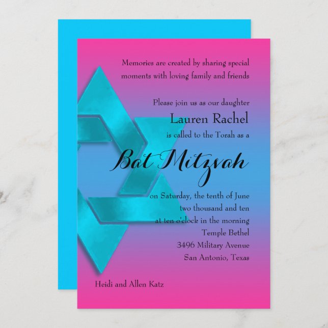Bat Mitzvah Turquoise to Pink Ombre with Star Invitation (Front/Back)
