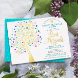 Bat Mitzvah Turquoise Tree o Life Script Real Gold Foil Invitation<br><div class="desc">Be proud, rejoice and showcase this milestone of your favorite Bat Mitzvah! This graphic real gold foil tree with sparkly turquoise, teal, purple and blue Star of David and dot “leaves” on a white background is the perfect invitation for this special occasion. A tiny, light turquoise blue Star of David...</div>