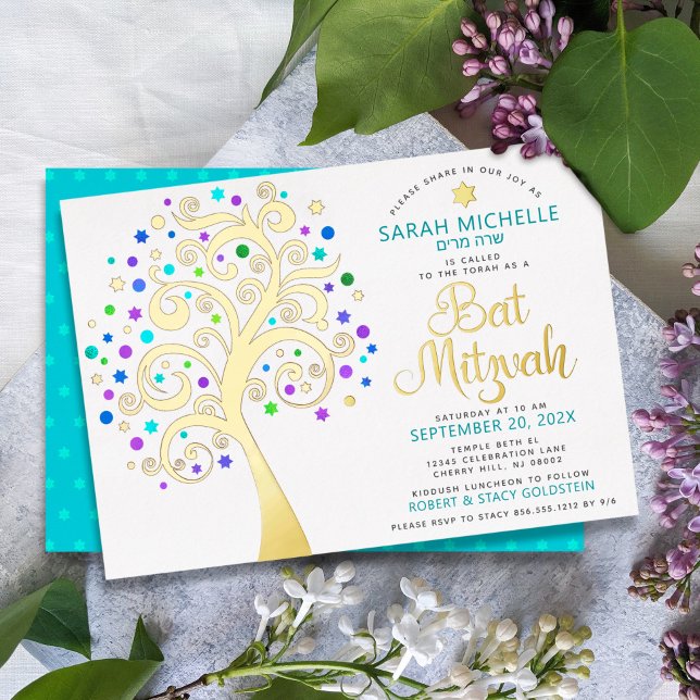 Bat Mitzvah Turquoise Tree o Life Script Real Gold Foil Invitation (Creator Uploaded)