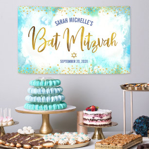 Bat Mitzvah turquoise watercolor gold foil script Banner
