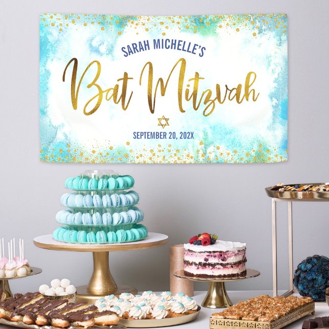 Bat Mitzvah turquoise watercolor gold foil script Banner (Creator Uploaded)