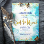 Bat Mitzvah turquoise watercolor gold foil script  Invitation<br><div class="desc">Be proud, rejoice and showcase this milestone of your favorite Bat Mitzvah! Send out this stunning, modern, sparkly gold faux foil and glitter dots and typography script against a turquoise watercolor background, personalized invitation for an event to remember. Personalize the custom text with your Bat Mitzvah’s name, Hebrew name, date,...</div>