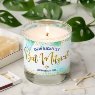 Bat Mitzvah Turquoise Watercolor Gold Foil Script Scented Candle
