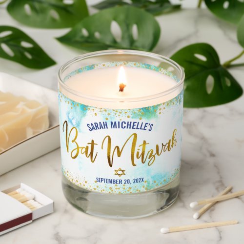 Bat Mitzvah Turquoise Watercolor Gold Foil Script Scented Candle