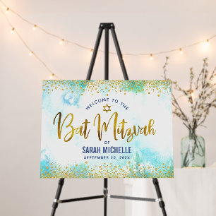 Bat Mitzvah Turquoise Watercolor Gold Foil Welcome Foam Board