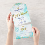 Bat Mitzvah turquoise watercolor gold script girly All In One Invitation<br><div class="desc">Be proud, rejoice and showcase this milestone of your favorite Bat Mitzvah! Send out this stunning, modern, custom all-in-one invitation for an event to remember. Sparkly gold faux foil, glitter dots and typography script overlay a turquoise blue watercolor background. This all-in-one product is an unique combination of a custom invitation...</div>