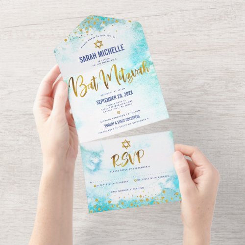 Bat Mitzvah turquoise watercolor gold script girly All In One Invitation