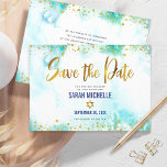 Bat Mitzvah Turquoise Watercolor Gold Script Girly Save The Date<br><div class="desc">Make sure all your friends and relatives will be able to celebrate your daughter’s milestone Bat Mitzvah! Send out this stunning, modern, sparkly gold faux foil and glitter dots and typography script against a turquoise watercolor background, personalized “Save the Date” announcement card. Your custom message and additional gold dots on...</div>