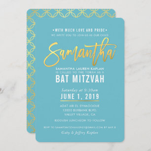 BAT MITZVAH turquoise white gold script SAMANTHA Invitation