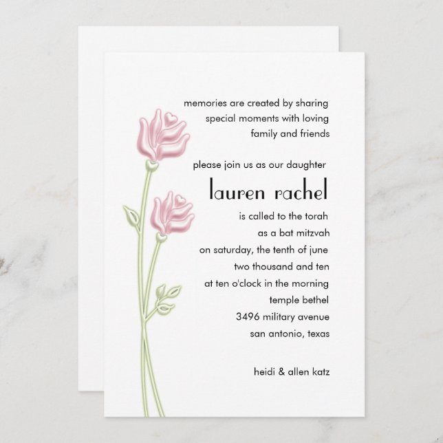 Bat Mitzvah Two Pink Roses Invitation (Front/Back)