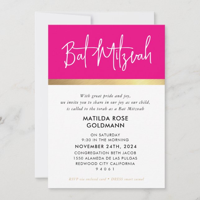 BAT MITZVAH ultra trendy modern pink black gold Invitation (Front)