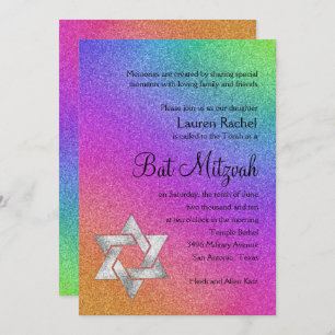 Bat Mitzvah Very Colorful Rainbow with Silver Star Invitation