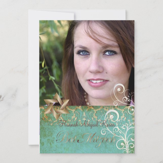 Bat Mitzvah/Vintage Damask/Swirls/aqua Invitation (Front)