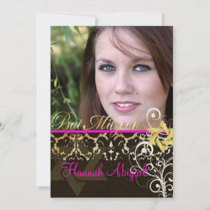 Bat Mitzvah/Vintage Damask/Swirls/hot pink Invitation