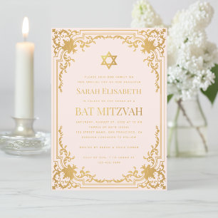 Bat Mitzvah Vintage Pink Faux Gold Star Religious Invitation
