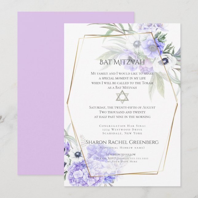 BAT MITZVAH | Violet Anemone Floral Verse 1 Invitation (Front/Back)