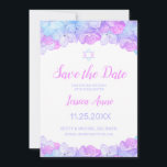 Bat Mitzvah Watercolo Floral Save the Date<br><div class="desc">Shades of pink, lavender and aqua blue hydrangea flowers and a Star of David decorate this elegant watercolor Bat Mitzvah Save the Date card. This design features a floral border at the top and bottom. Your celebration details may be personalized in a modern script typography in pink and gray. The...</div>