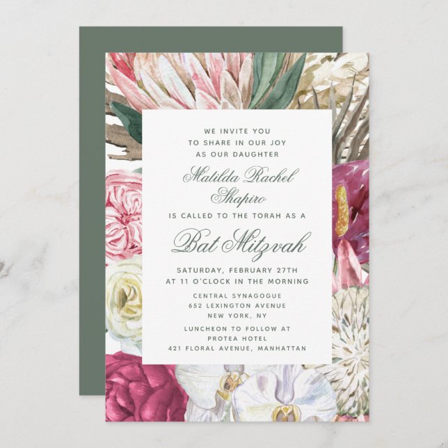 Bat Mitzvah Watercolor Floral Invitation (Front/Back)