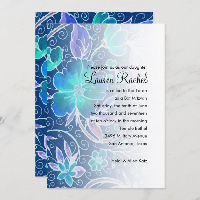 Bat Mitzvah Watercolor Floral Pattern Invitation (Front/Back)