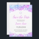 Bat Mitzvah Watercolor Floral Pink Save the Date<br><div class="desc">Shades of pink, lavender and aqua blue hydrangea flowers and a Star of David decorate this elegant watercolor Bat Mitzvah Save the Date card. This design features a floral border at the top and bottom. Your celebration details may be personalized in a modern script typography in pink and gray. The...</div>