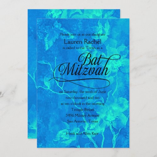 Bat Mitzvah Watercolor Flowers Aqua and Turquoise Invitation