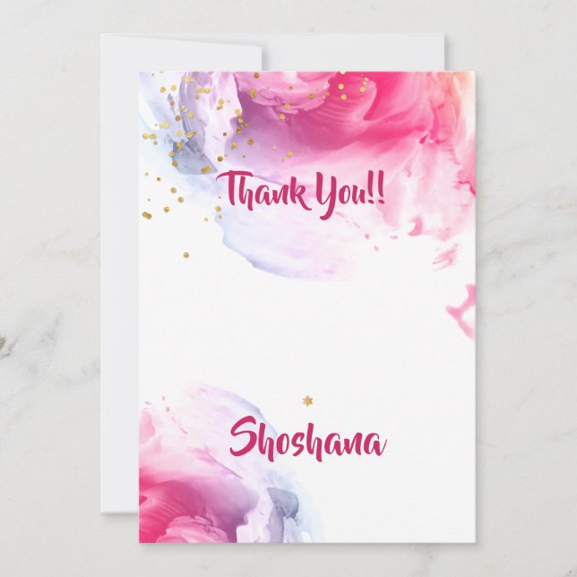 Bat Mitzvah Watercolor Glitter Blank Thank You (Front)