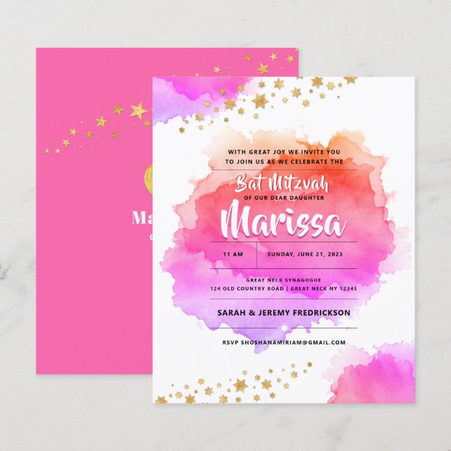 Bat Mitzvah Watercolor Glitter Invitation (Front/Back)