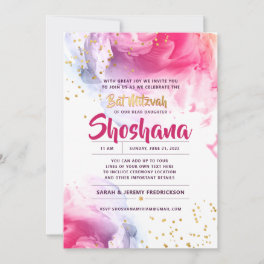 Bat Mitzvah Watercolor Glitter Pink & Gold Invitation