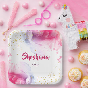 Bat Mitzvah Watercolor Glitter Pink Purple Paper P Plates