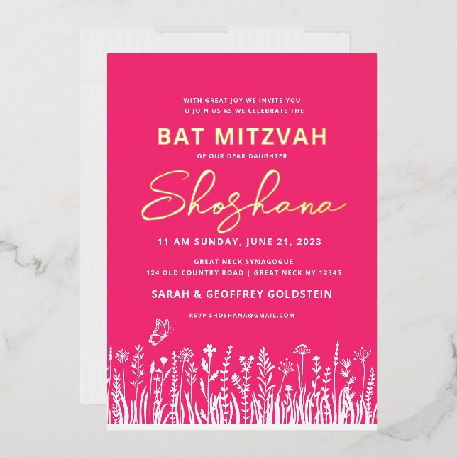 Bat Mitzvah Watercolor Invitation with REAL GOLD   Foil Invitation (Envelope)