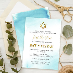 Bat Mitzvah Watercolor Pastel Blue Gold Invitation