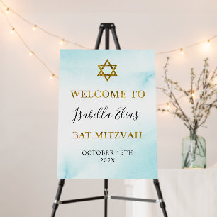 Bat Mitzvah Watercolor Pastel Blue Gold Welcome Foam Board